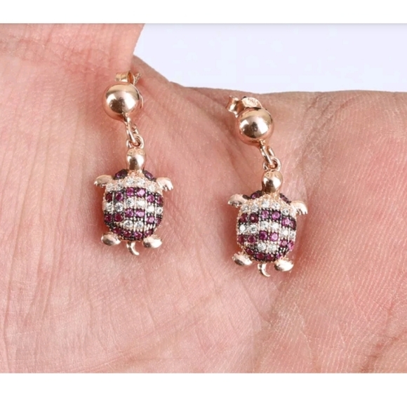 Ruby & white topaz Sterling & gold turtle earnings - Picture 3 of 13